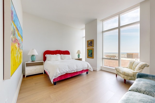 bedroom featuring multiple windows and light hardwood / wood-style floors