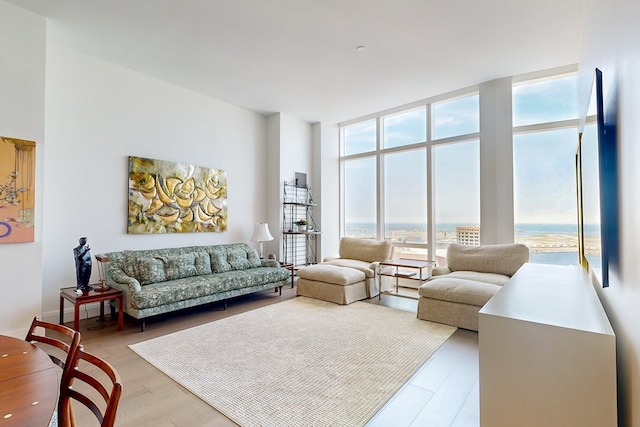 living room featuring a wall of windows, a water view, and light hardwood / wood-style floors