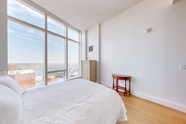 bedroom with a water view, multiple windows, and light wood-type flooring