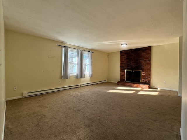 unfurnished living room featuring a textured ceiling, carpet, a baseboard heating unit, and a brick fireplace