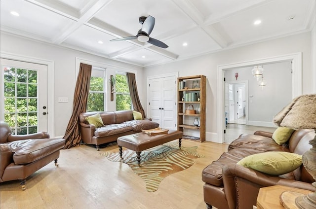 929 Beacon St, Newton, MA 02459 - living room with coffered ceiling, healthy amount of natural light, beamed ceiling, light wood-style flooring, and a ceiling fan