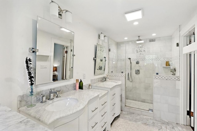 929 Beacon St, Newton, MA 02459 - bathroom with a stall shower, vanity, and recessed lighting