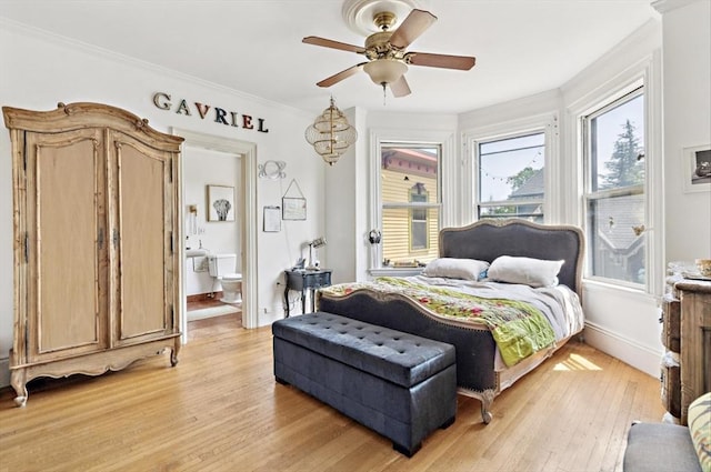 929 Beacon St, Newton, MA 02459 - bedroom featuring ornamental molding, light wood-style floors, connected bathroom, and ceiling fan