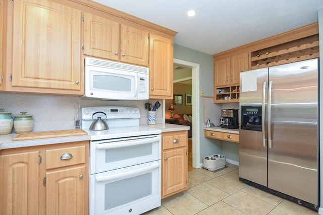 26 Kittredge St, Walpole, MA 02081 - kitchen with white appliances, light countertops, light tile patterned flooring, light brown cabinets, and recessed lighting