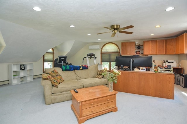 26 Kittredge St, Walpole, MA 02081 - living area featuring a wall mounted air conditioner, light carpet, recessed lighting, vaulted ceiling, and ceiling fan
