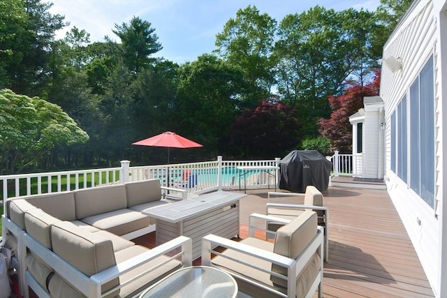 26 Kittredge St, Walpole, MA 02081 - wooden deck featuring an outdoor hangout area, a grill, and view of wooded area