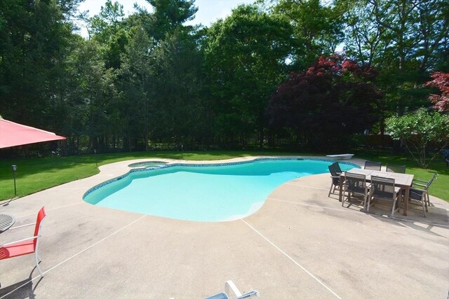 26 Kittredge St, Walpole, MA 02081 - view of pool with a patio area, a lawn, outdoor dining space, a diving board, and a pool with connected hot tub