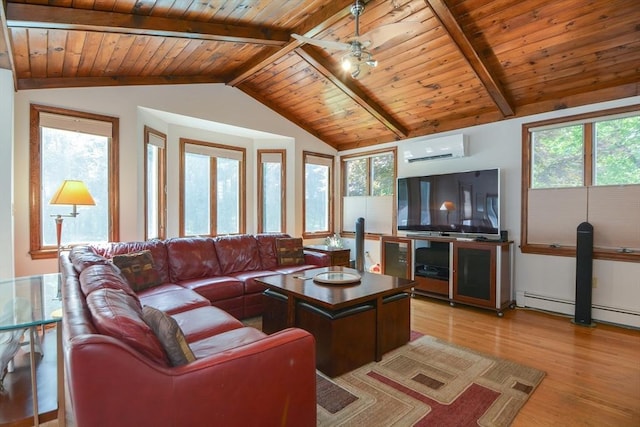 26 Kittredge St, Walpole, MA 02081 - living room featuring a wall mounted AC, light wood finished floors, wood ceiling, healthy amount of natural light, and ceiling fan