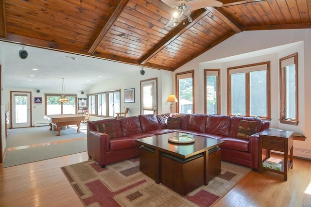 26 Kittredge St, Walpole, MA 02081 - living room featuring billiards table, light wood finished floors, a ceiling fan, a baseboard heating unit, and wood ceiling