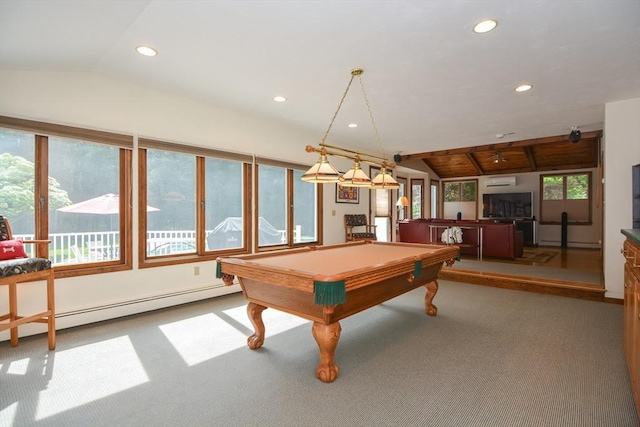 26 Kittredge St, Walpole, MA 02081 - rec room with lofted ceiling, carpet flooring, pool table, recessed lighting, and a baseboard heating unit