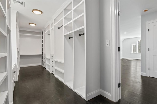 walk in closet with dark hardwood / wood-style flooring