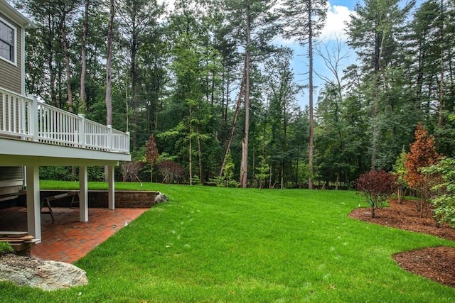 view of yard featuring a deck and a patio