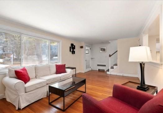 living room featuring radiator heating unit, a wealth of natural light, and wood-type flooring