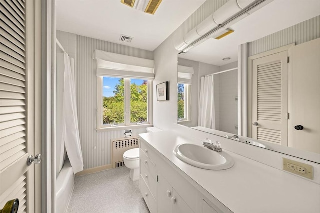 21 Fremont St, Dartmouth, MA 02748 - bathroom featuring radiator heating unit, toilet, vanity, wallpapered walls, and baseboards