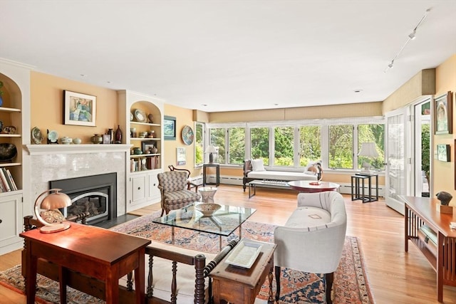 21 Fremont St, Dartmouth, MA 02748 - living area with rail lighting, light wood finished floors, a fireplace, built in shelves, and baseboard heating