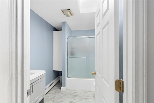 23 Vincent Cir, Worcester, MA 01604 - full bathroom with baseboard heating, bath / shower combo with glass door, vanity, marble finish flooring, and baseboards