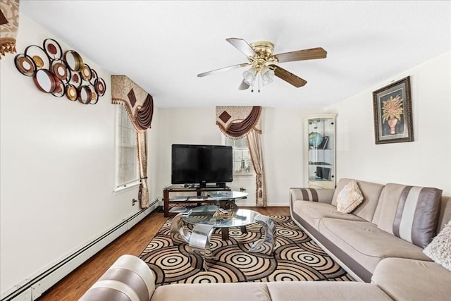 23 Vincent Cir, Worcester, MA 01604 - living area with a baseboard radiator, wood finished floors, and a ceiling fan