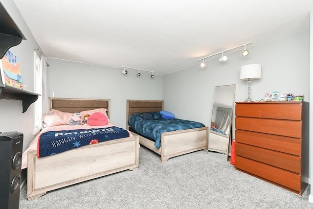 carpeted bedroom with rail lighting