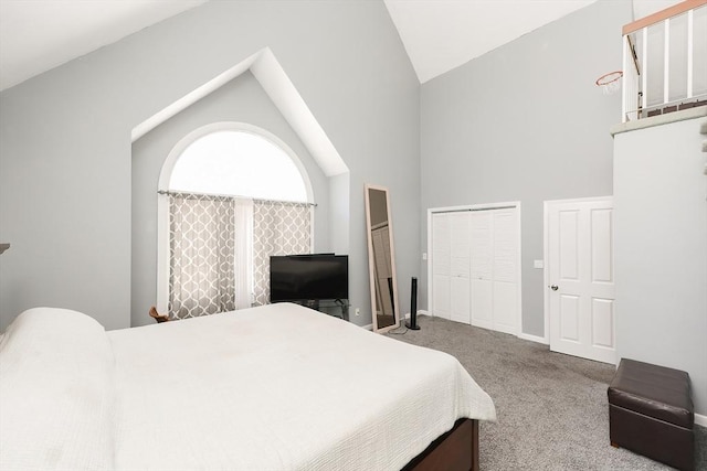 bedroom featuring carpet flooring, high vaulted ceiling, and a closet