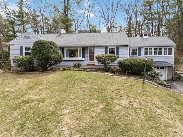 101 Burlington St, Lexington, MA 02420 - ranch-style home with aphalt driveway, a chimney, a shingled roof, a front yard, and a garage