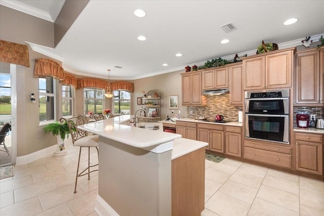 10852 Tiberio Dr, Fort Myers, FL 33913 - kitchen featuring tasteful backsplash, double oven, light countertops, and a sink