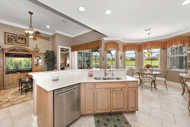 10852 Tiberio Dr, Fort Myers, FL 33913 - kitchen with light tile patterned floors, dishwasher, a sink, light countertops, and ceiling fan