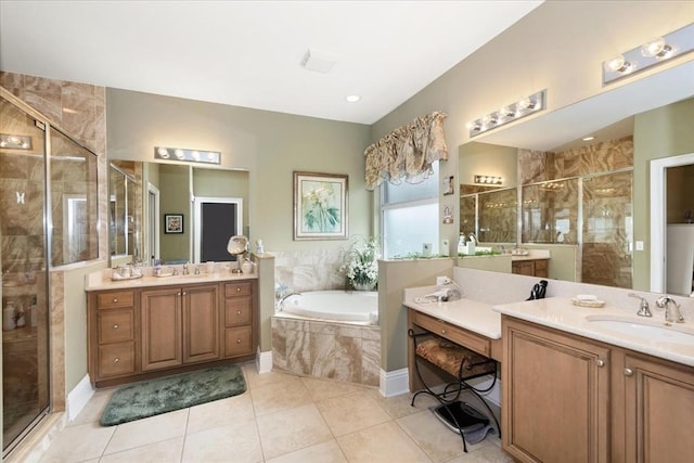 10852 Tiberio Dr, Fort Myers, FL 33913 - bathroom featuring a stall shower, a garden tub, a sink, and tile patterned flooring