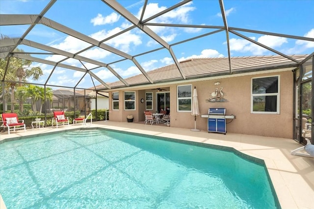 10852 Tiberio Dr, Fort Myers, FL 33913 - outdoor pool with a patio, a grill, a lanai, and ceiling fan