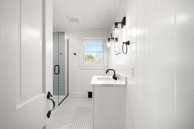 30 Captain Nickerson Ln, Dennis, MA 02660 - full bath featuring visible vents, vanity, a shower stall, and ornamental molding
