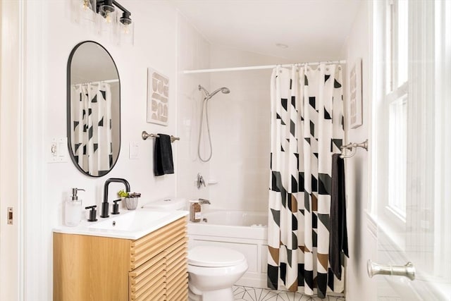 full bathroom with tile patterned flooring, vanity, toilet, and shower / bathtub combination with curtain