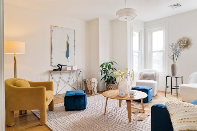 living area featuring wood finished floors and visible vents