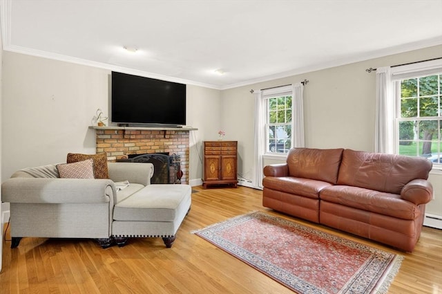 9 Arrowhead Ln, Dartmouth, MA 02748 - living area with light wood-type flooring, ornamental molding, a baseboard radiator, and a brick fireplace