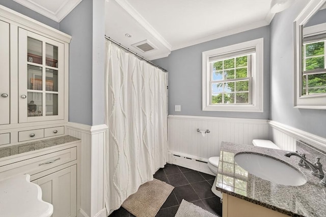 9 Arrowhead Ln, Dartmouth, MA 02748 - full bathroom featuring a baseboard heating unit, a wainscoted wall, vanity, tile patterned flooring, and crown molding