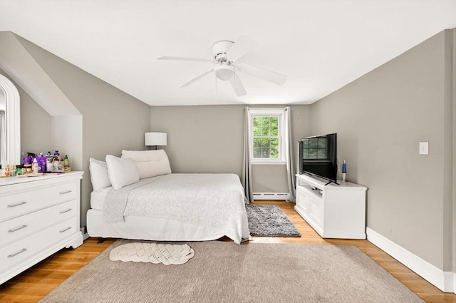 9 Arrowhead Ln, Dartmouth, MA 02748 - bedroom with baseboard heating, light wood-style flooring, and a ceiling fan