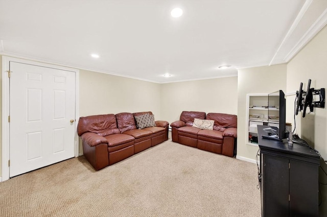 9 Arrowhead Ln, Dartmouth, MA 02748 - living room featuring light colored carpet, recessed lighting, and ornamental molding