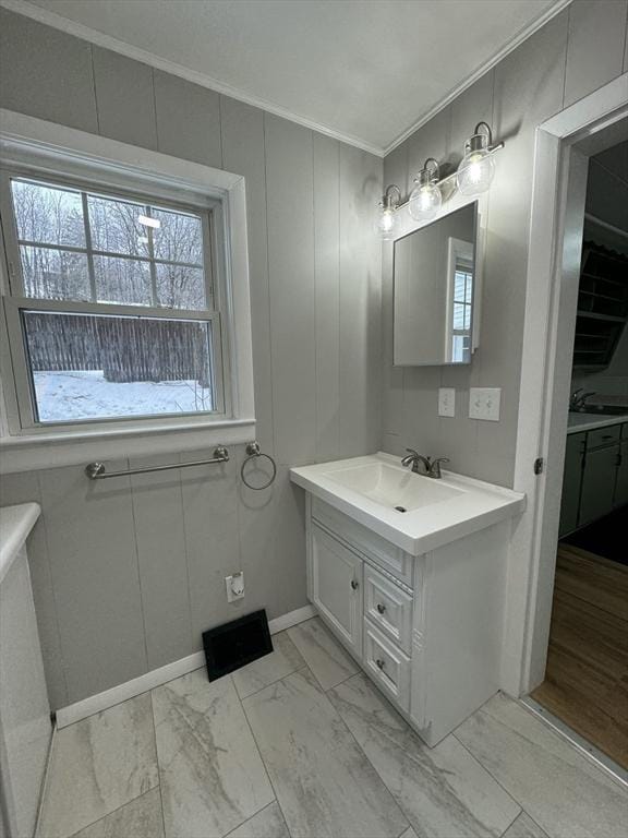 bathroom with crown molding and vanity