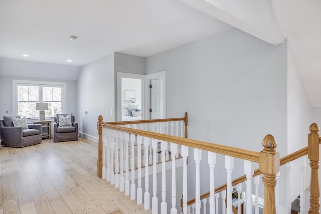 72 Oliver Snow Rd, Harwich, MA 02646 - hall with an upstairs landing, wood-type flooring, baseboards, and recessed lighting
