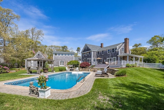 72 Oliver Snow Rd, Harwich, MA 02646 - outdoor pool with a pergola, a deck, and a patio area