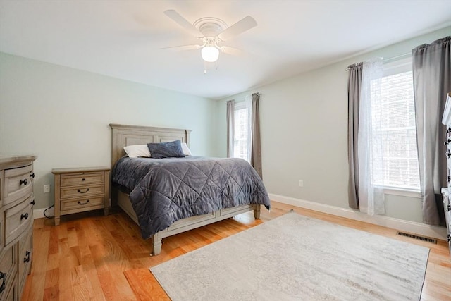 bedroom with light wood finished floors, a ceiling fan, visible vents, and baseboards