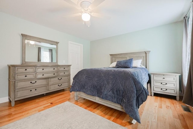 bedroom featuring visible vents, ceiling fan, and light wood finished floors