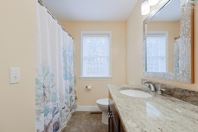 bathroom featuring toilet, visible vents, vanity, and baseboards
