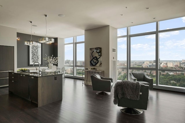 kitchen featuring sink, dark hardwood / wood-style floors, floor to ceiling windows, pendant lighting, and a kitchen island with sink