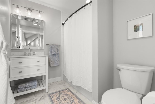 bathroom featuring baseboards, toilet, marble finish floor, curtained shower, and vanity