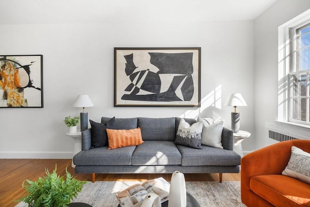 living area featuring radiator, baseboards, and wood finished floors