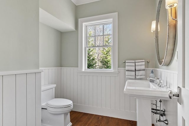 half bathroom featuring a healthy amount of sunlight, wainscoting, toilet, and wood finished floors