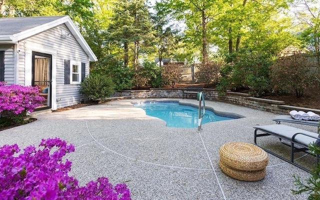 view of swimming pool featuring a fenced backyard and a patio