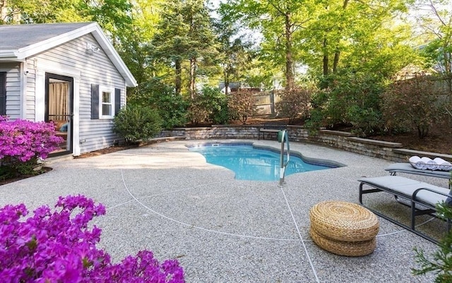 view of swimming pool featuring a fenced backyard and a patio area
