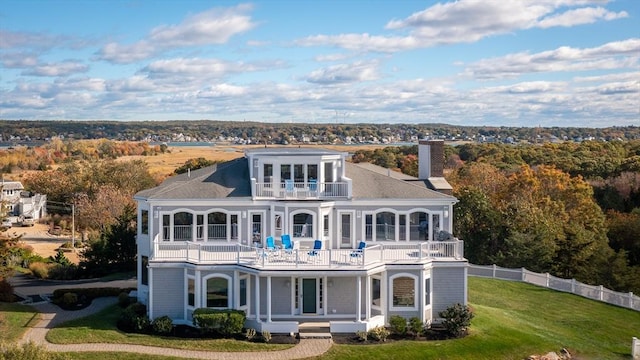 3 Longview Ter, Gloucester, MA 01930 - rear view of property featuring a balcony, a chimney, and a porch