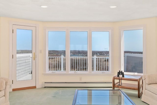 3 Longview Ter, Gloucester, MA 01930 - entryway with a baseboard heating unit, carpet flooring, baseboards, and recessed lighting