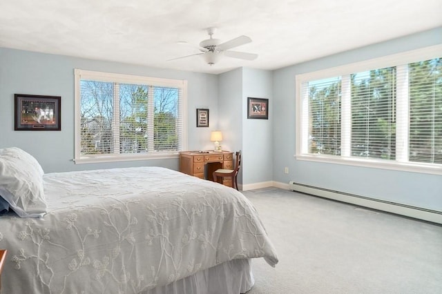 3 Longview Ter, Gloucester, MA 01930 - carpeted bedroom featuring a baseboard radiator, baseboards, and a ceiling fan